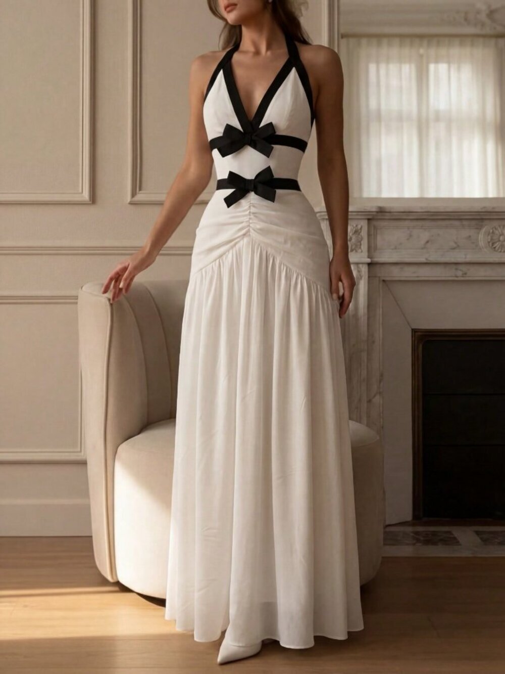 Black And White Women's Elegant Spaghetti Strap bow detailed maxi Dress